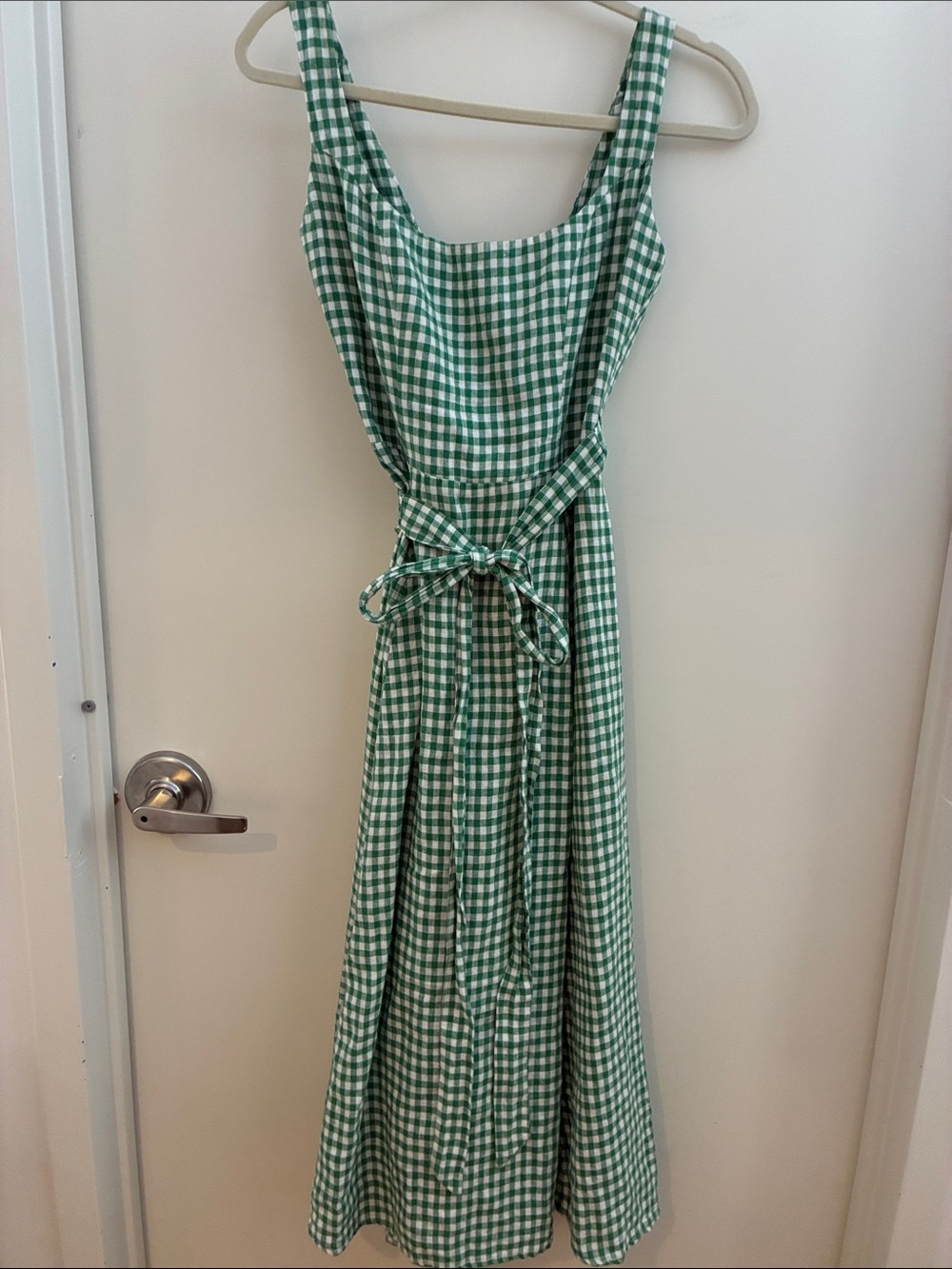 Reformation Garten Linen Green Gingham Tie-Waist Midi Dress